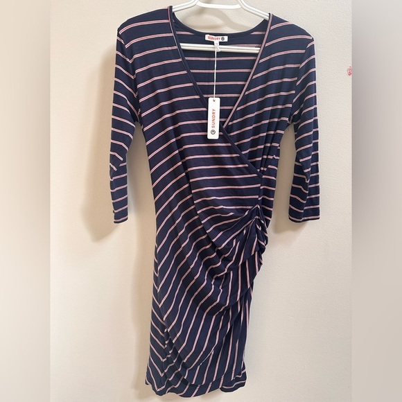 NEW Anthropologie Sundry Fabian Faux Wrap Striped Shirt Dress Women’s 1/S Navy - Picture 2 of 11